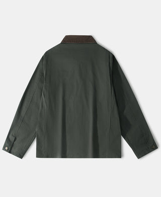 Olive field hunting jacket back view with buttoned placket and long sleeves