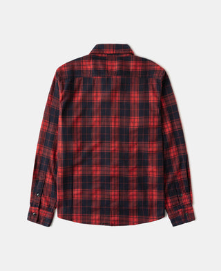 Back view of red and dark navy plaid heavyweight work shirt with button cuffs and yoke seams