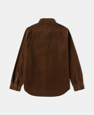 Brown corduroy button-up shirt with pointed collar, long sleeves, and buttoned cuffs