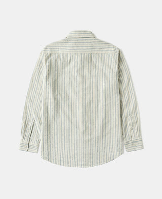 Back of white work shirt with vertical blue jacquard stripes and long sleeves