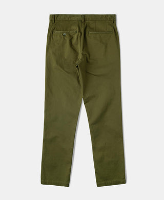 Olive cotton-blend slim tapered trousers, button-front fly, back patch pockets
