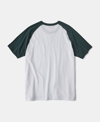 7,2 Unzen Baumwoll-Schlauch-Raglan-T-Shirt mit kontrastierenden Spitzen und V-Zwickel – Grün/Weiß