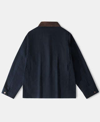 Navy cotton canvas hunting jacket back with brown corduroy-style collar