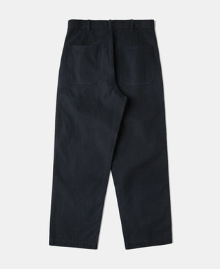 Navy deck trousers with wide straight legs and flap-style back pockets
