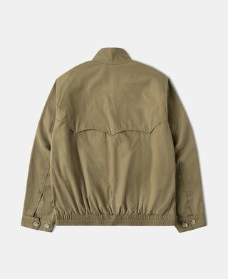 Khaki harrington jacket back view with stand collar, ribbed cuffs, and snap button tabs