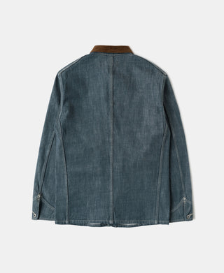 Sage blue denim barn jacket with brown corduroy neck facing on the back