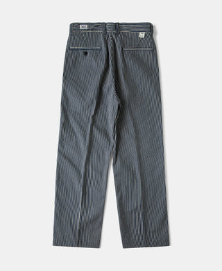 Blue-and-white striped work trousers with button waistband and back pockets