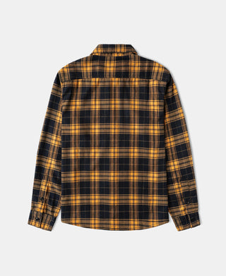 Yellow and navy plaid work shirt, back view with button placket and yoke