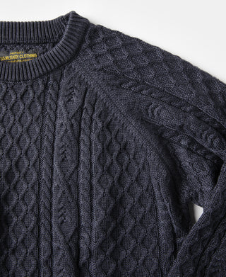 Aran Cable Knit Fisherman Sweater - Gray Blue