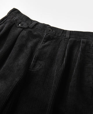 Black corduroy trouser waistband with double pleats and belt loops
