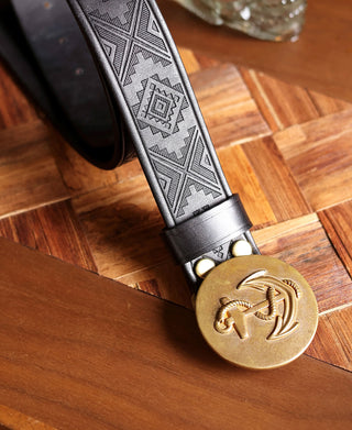 Navajo Tooled Plate Buckle Leather Belt - Black