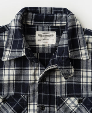 Blue check work shirt close-up: point collar, button placket, interior neck label