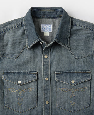 Denim western shirt front with pointed collar and flap chest pockets