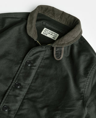 Black olive N-1 deck jacket close-up of rib-knit collar and button placket