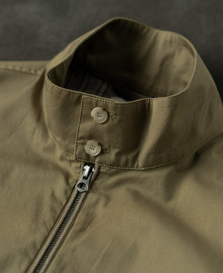 Khaki harrington jacket neck area with stand collar and visible metal zipper pull
