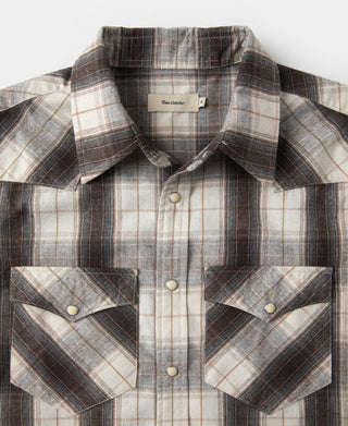 Western plaid shirt close-up: button placket, point pockets, and spread collar detail.