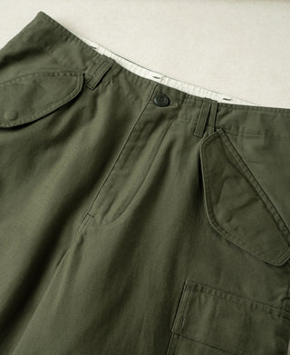 Olive cargo trousers detail with button waistband, front pockets, and thigh pocket flap
