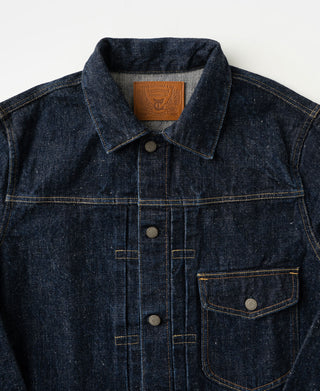 Indigo selvedge denim Type 1 jacket, front close-up with chest pockets and buttons