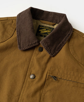 Khaki hunting jacket detail: brown collar, snap front, chest pocket