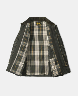 Olive canvas field jacket with plaid lining and snap buttons down the placket