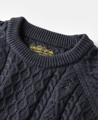 Aran Cable Knit Fisherman Sweater - Gray Blue