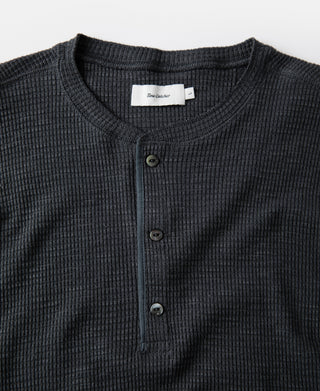 Honeycomb Waffle Knit Henley Long Sleeve T-Shirt - Vintage Black