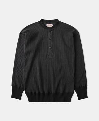 Ribbed Long Sleeve Henley T-Shirt - Black