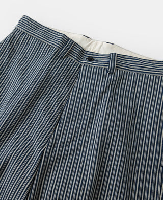 Striped trousers waistband and fly front, blue-and-off-white pinstripes with button.