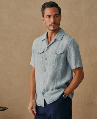 lifestyle shot of Yarn-dyed Linen Camp-Collar Shirt - Washed Blue
