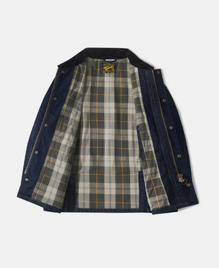 Indigo denim field jacket open front showing plaid lining