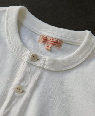 1930s 10.5 oz Cotton Loopwheel Tubular Henley Shirt - White