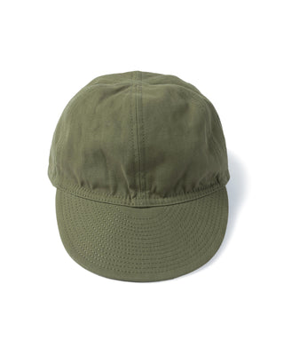Olive WWII-style A-3 flight cap with curved brim and side panel seams