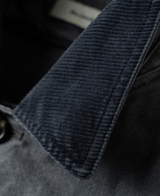 Close-up of the jacket's dark ribbed corduroy collar