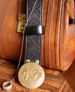 Navajo Tooled Plate Buckle Leather Belt - Black