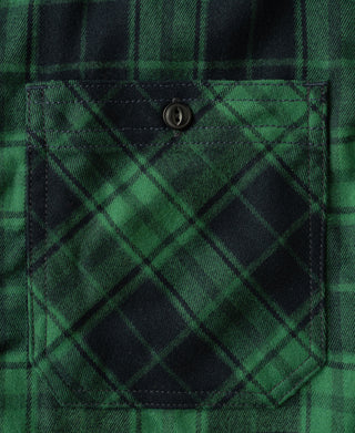 Green plaid flap pocket with dark button and visible stitching