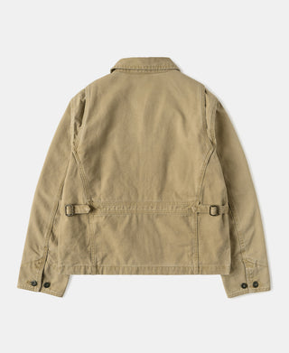Duck canvas cossack jacket, washed khaki back view with belt at hem and snap cuffs
