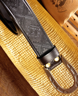 Navajo Tooled Stirrup Buckle Leather Belt - Black