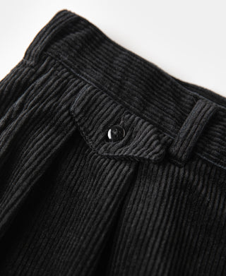 Black corduroy trouser detail: buttoned fly and stitched waistband
