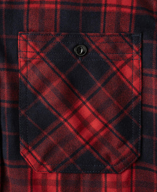 Red and dark navy plaid chest flap pocket with black button detail on heavyweight work shirt