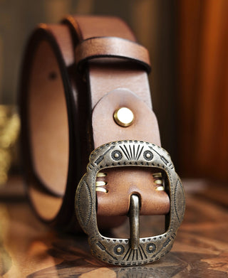 Arrow & Shield Pattern Brass Buckle Leather Belt - Light Brown