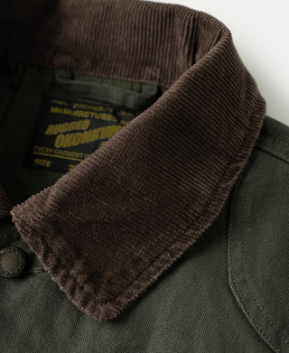 Olive jacket close-up showing brown corduroy-trim collar and top button