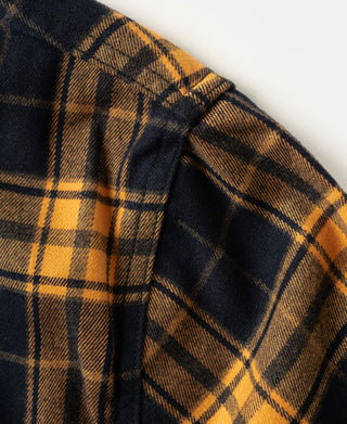 Close-up of yellow and navy plaid work shirt fabric and shoulder seam