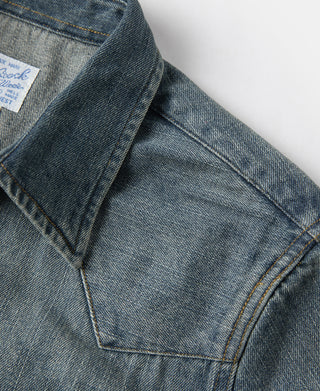 Denim western shirt seam and collar edge close-up with visible stitching