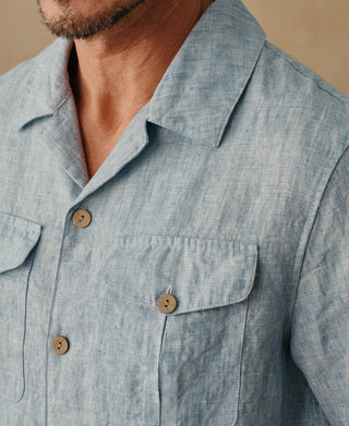 lifestyle shot of Yarn-dyed Linen Camp-Collar Shirt - Washed Blue