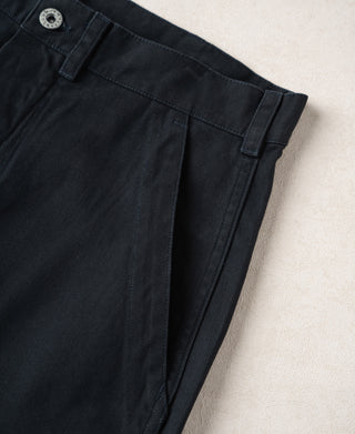 Navy deck trousers side view with belt loops and vertical seam detail