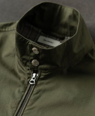 Olive Harrington jacket close-up of snap placket and front zipper
