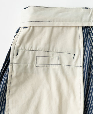 Back yoke with flap pocket opening on blue-and-white striped work trousers
