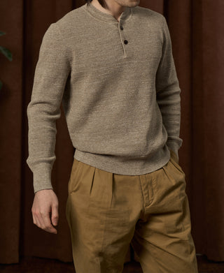 Textured Melange Knit Henley Shirt - Brown Beige