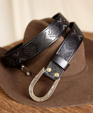 Navajo Tooled Stirrup Buckle Leather Belt - Black