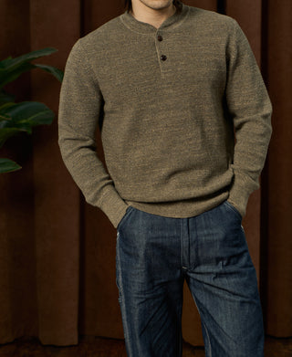 Textured Melange Knit Henley Shirt - Olive